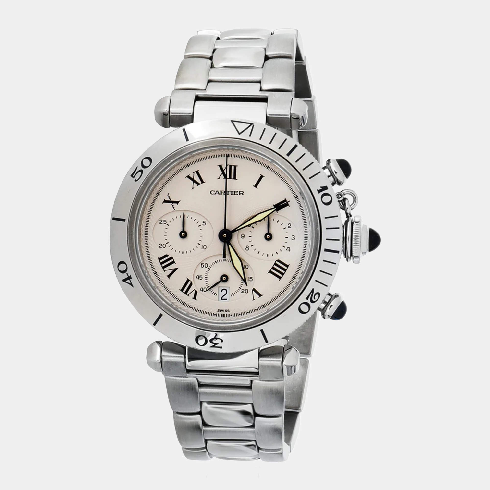 Pre Owned Cartier Silver Stainless Steel Pasha 1050 Quartz Men's Wristwatch 38 mm