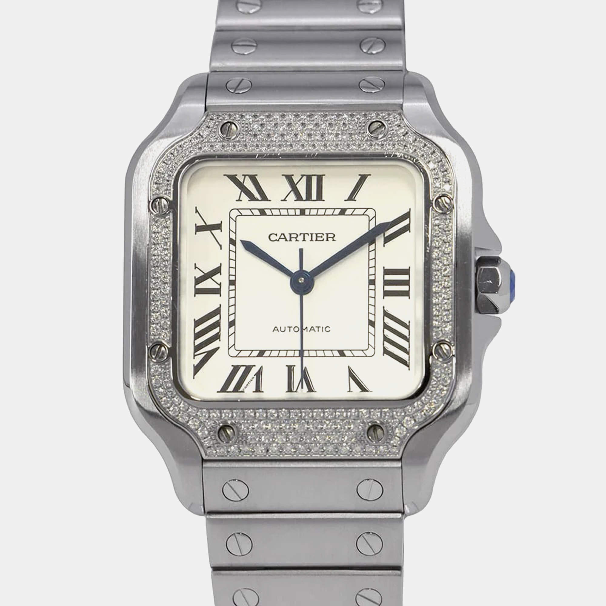 Cartier White Stainless Steel Diamond Santos W4SA0005 Men's Wristwatch 35mm