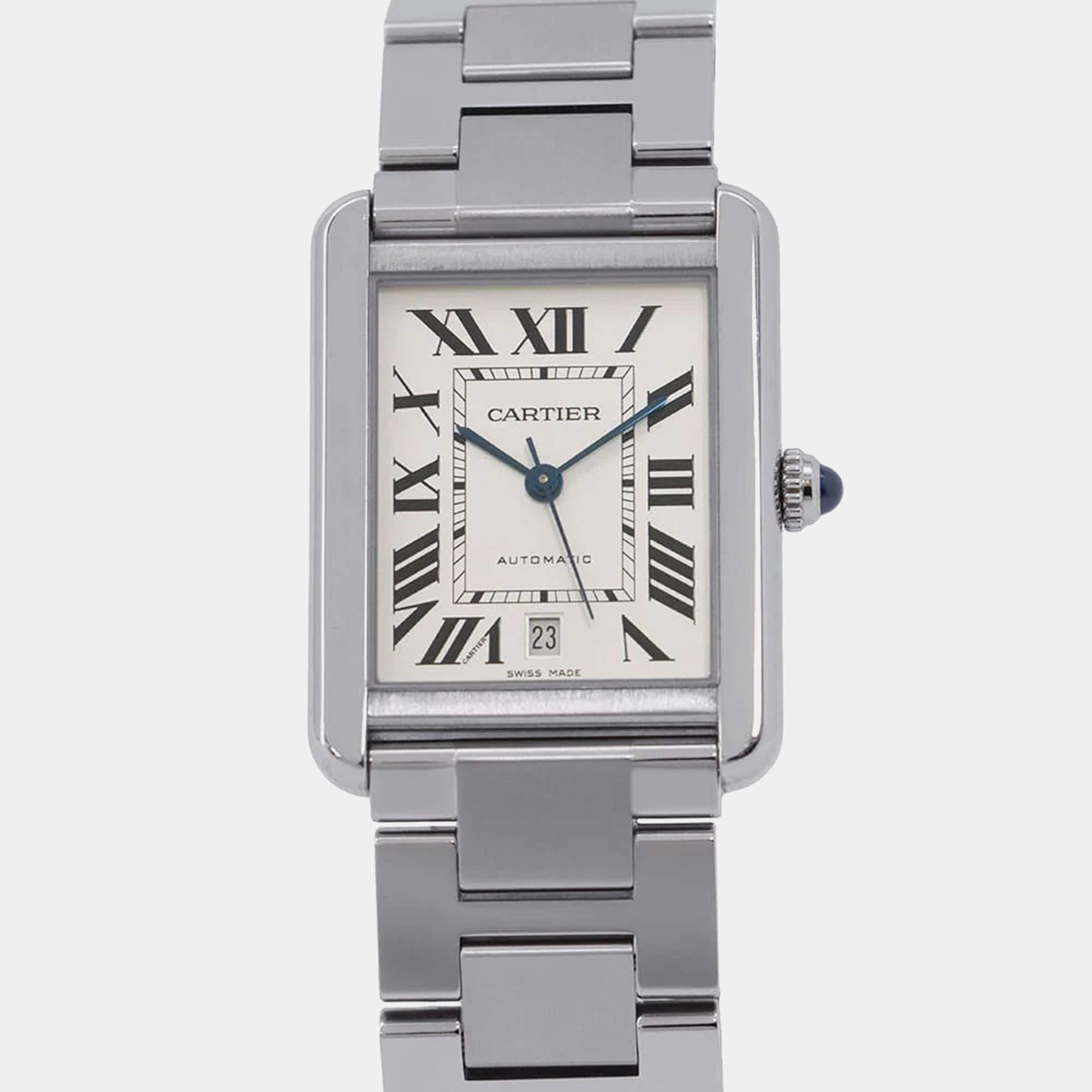 Pre Owned Cartier White Stainless Steel Tank Solo W5200028 Automatic Men's Wristwatch 31mm