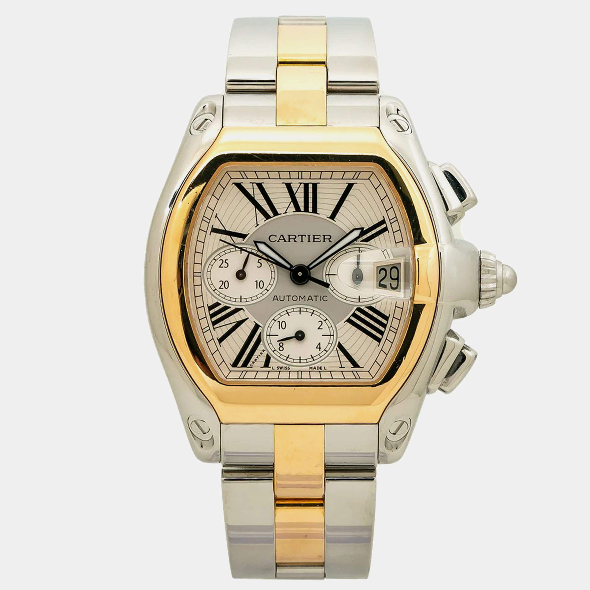 Cartier White 18K Yellow Gold Stainless Steel Roadster W62027Z1 Automatic Men's Wristwatch 48 mm