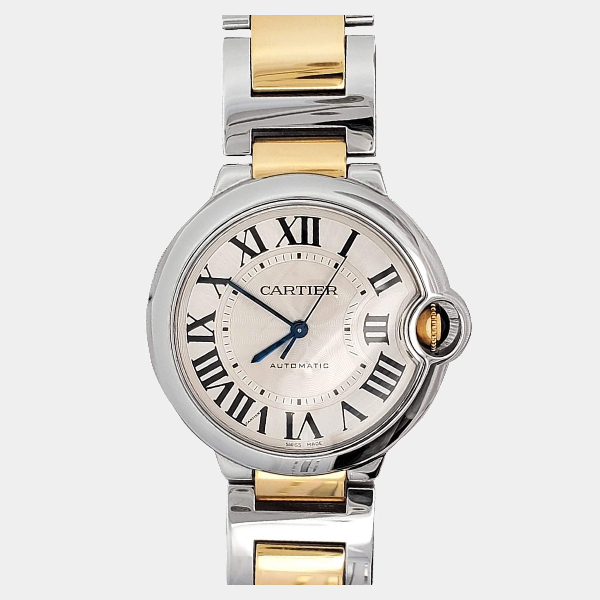 Pre Owned Cartier Ballon Bleu W2BB0012 Automatic Silver 18k Yellow Gold Stainless Steel Men's Wristwatch 36 mm