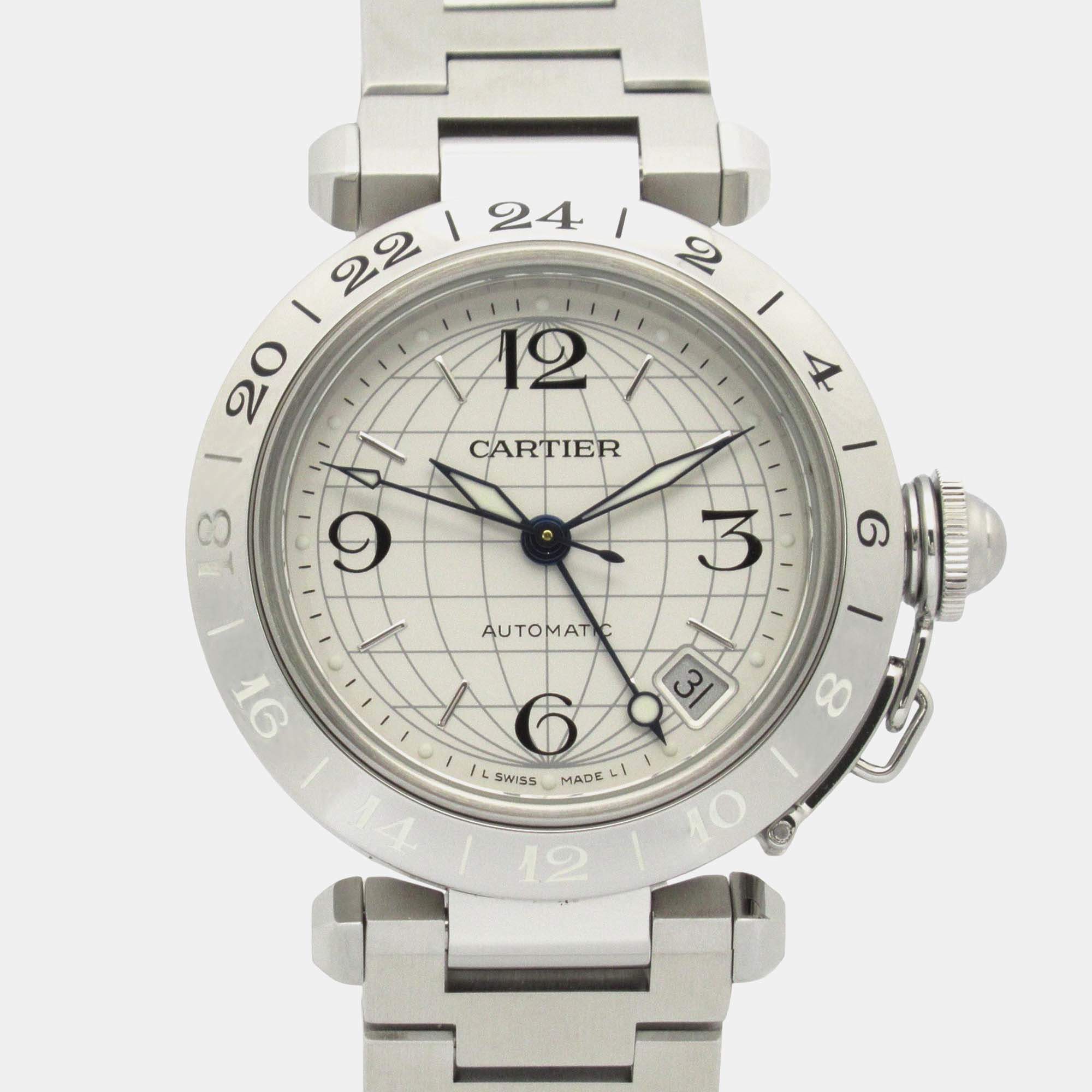 Pre Owned Cartier Pasha C GMT Meridian W31078M7 Automatic Silver Stainless Steel Men's Wristwatch 35 mm