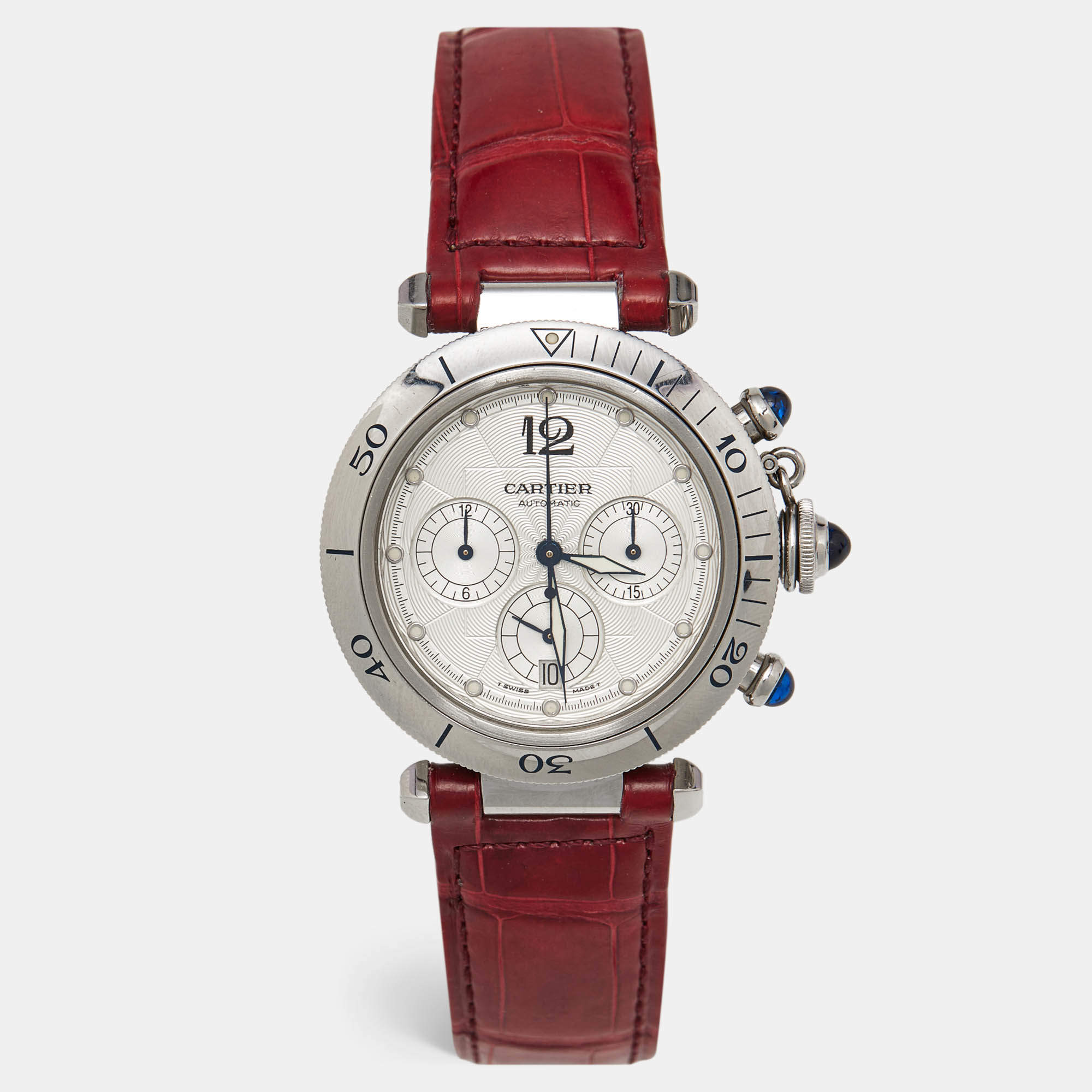 Pre Owned Cartier Silver Stainless Steel Leather Pasha de Cartier  2113 Men's Wristwatch 38 mm 