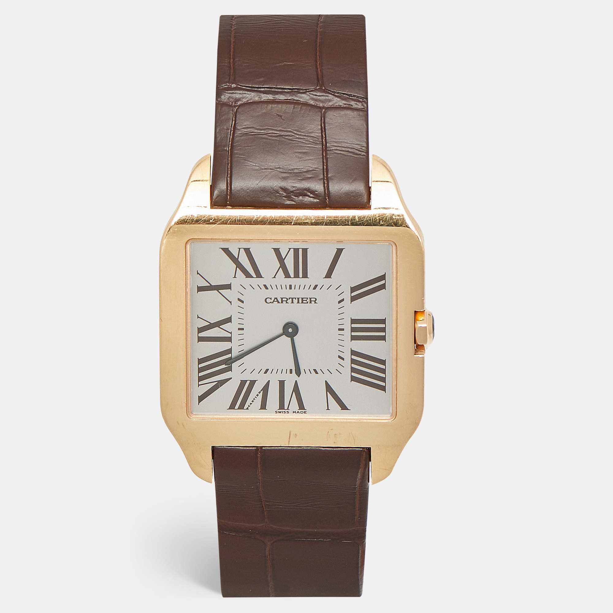 Pre Owned Cartier Santos Dumont W2006951 Manual Winding Silver Dial 18K Rose Gold Alligator Leather Men's Wristwatch 35 mm