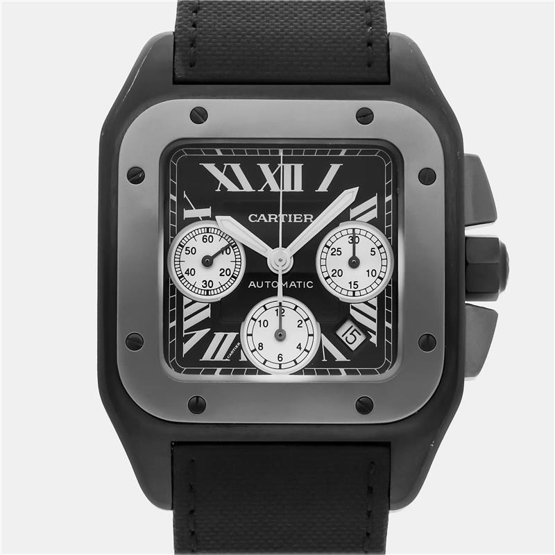 Pre Owned Pre-Owned Cartier Santos 100 Chronograph W2020005 Black Automatic Blacksteel Men's Wristwatch 54x46mm