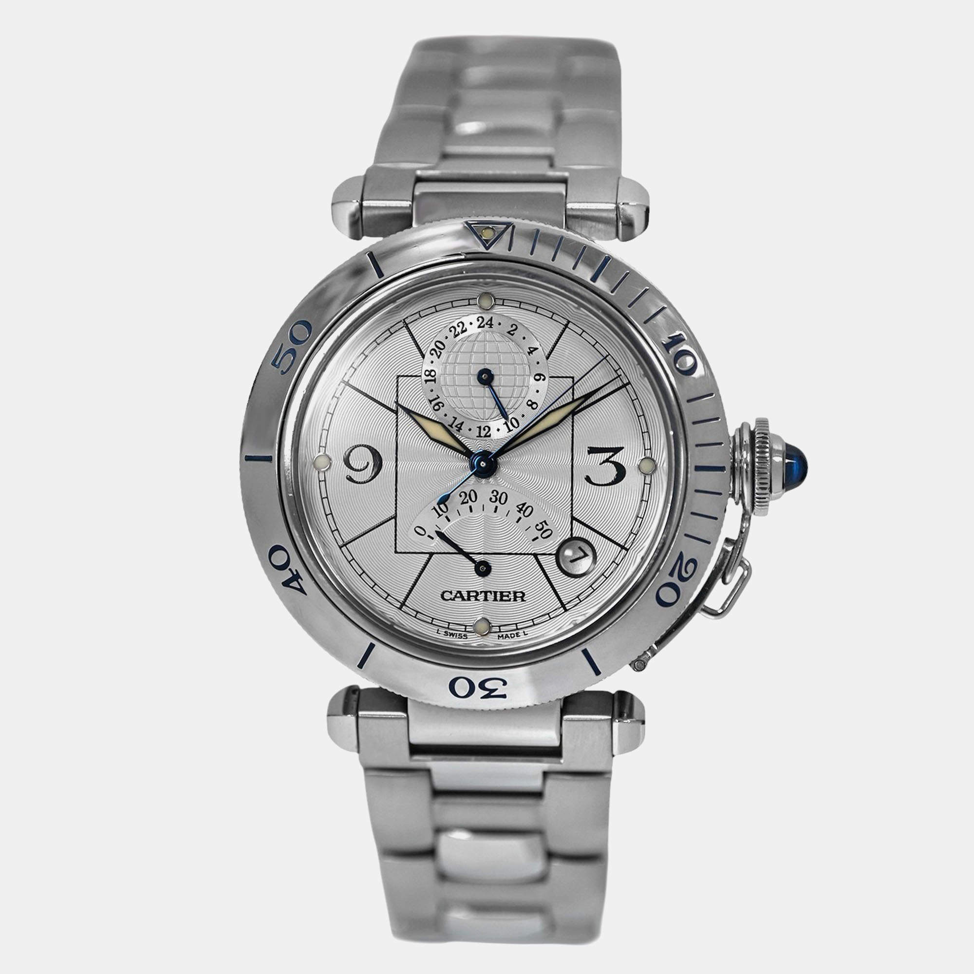 Pre Owned Cartier Pasha GMT 2388 Automatic Silver stainless steel Men's Wristwatch 38 mm