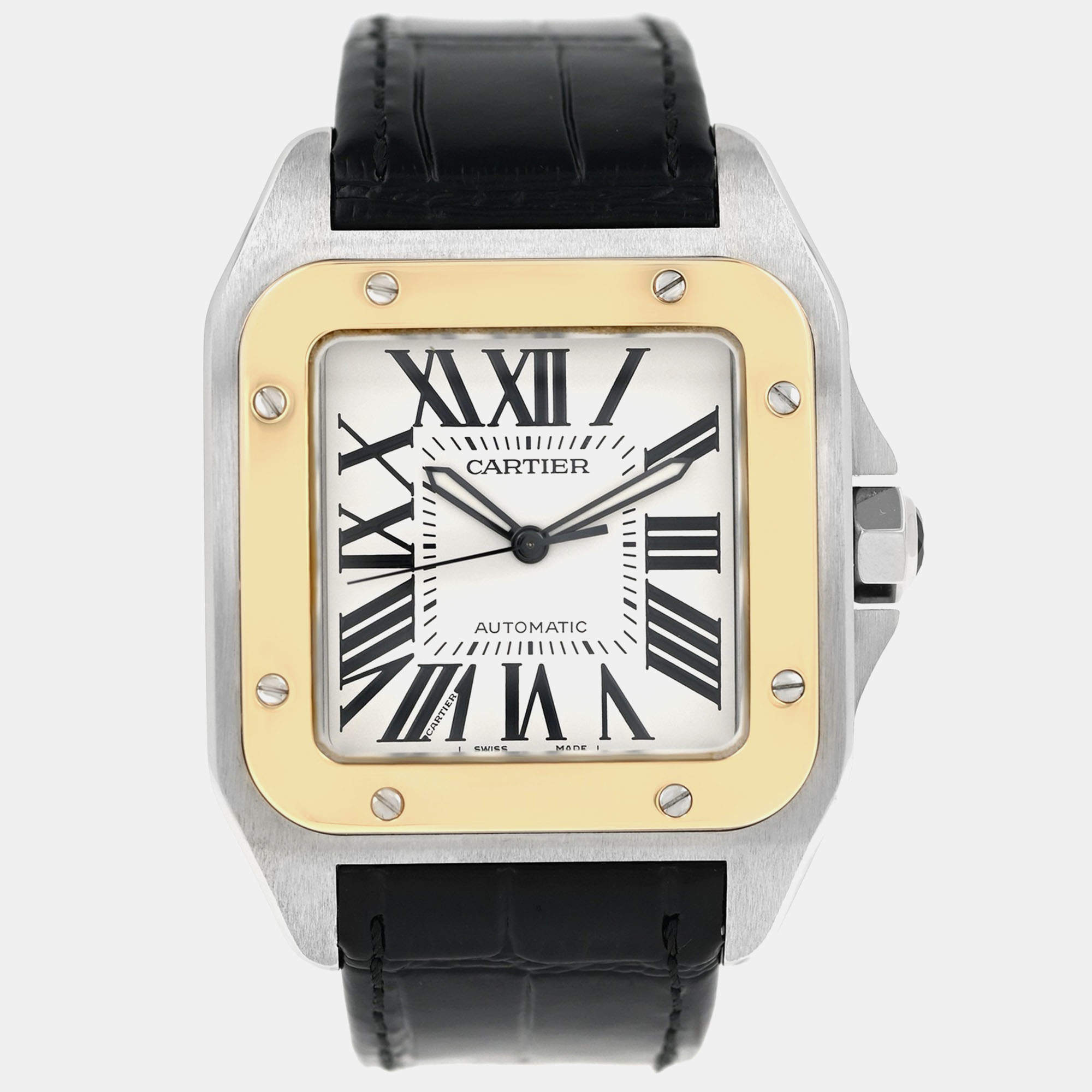 Pre Owned Cartier Santos 100 W20072X7 Automatic White 18k Gold bezel Stainless Steel Men's Wristwatch 38 mm