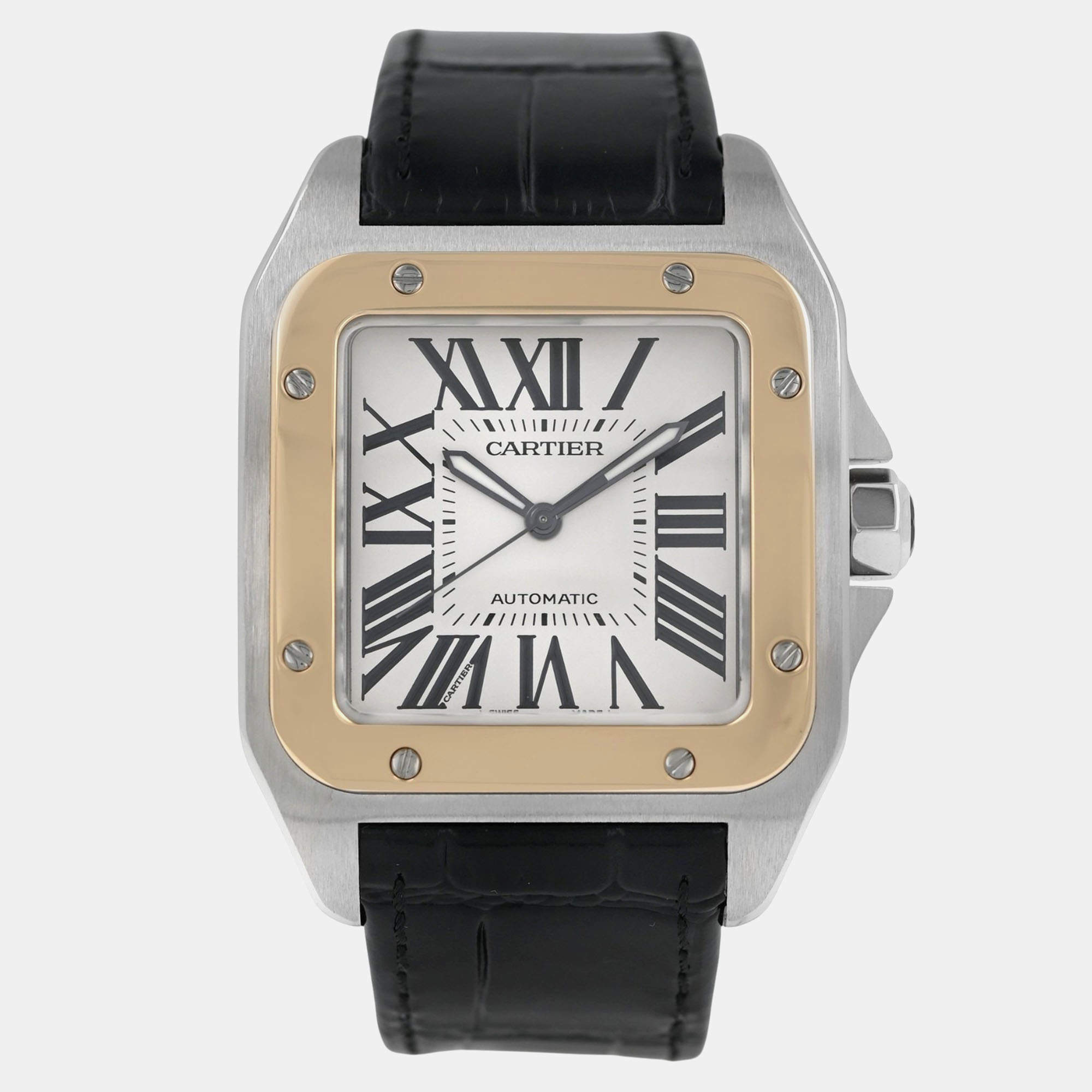 Pre Owned Cartier Santos 100 W20072X7 Automatic White 18k gold bezel steel Men's Wristwatch 38 mm