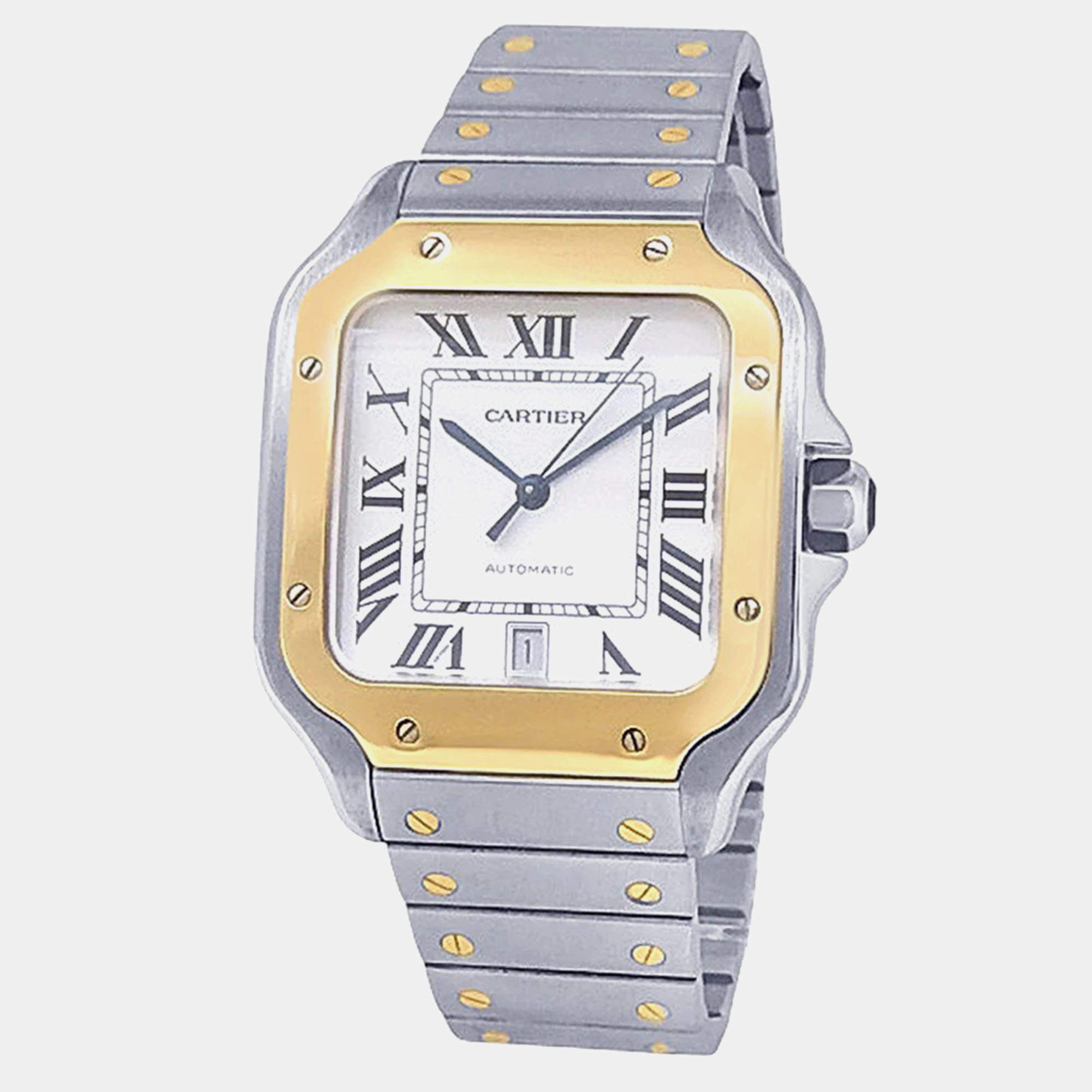 Pre Owned Cartier Santos de Cartier W2SA0009 Automatic Silver Dial Stainless Steel 18k Yellow Gold Men's Wristwatch 39.8mm