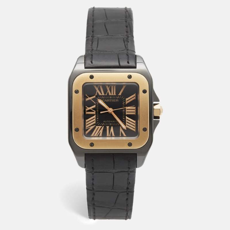 مملوكة مسبقًا Cartier Santos 100 W2020007 Black Dial 18k Rose Gold PVD Coated Stainless Steel Alligator Leather Men's Wristwatch 33 mm