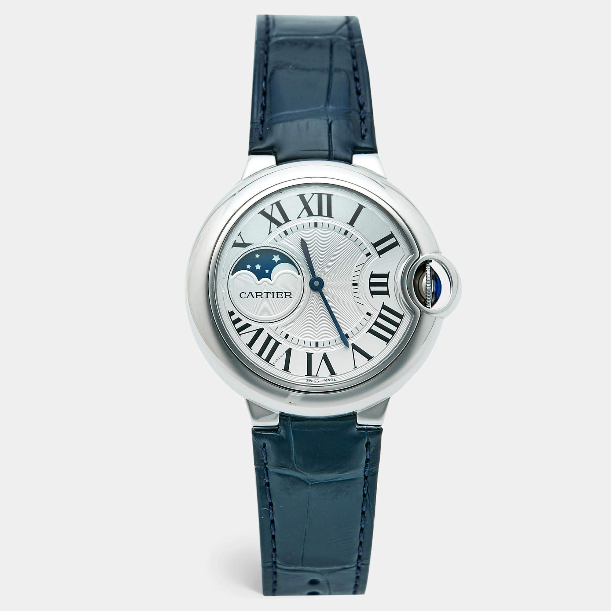 Pre Owned Cartier Ballon Bleu Moonphase WSBB0029 Silver Dial Stainless Steel Alligator Leather Men's Wristwatch 37.50 mm