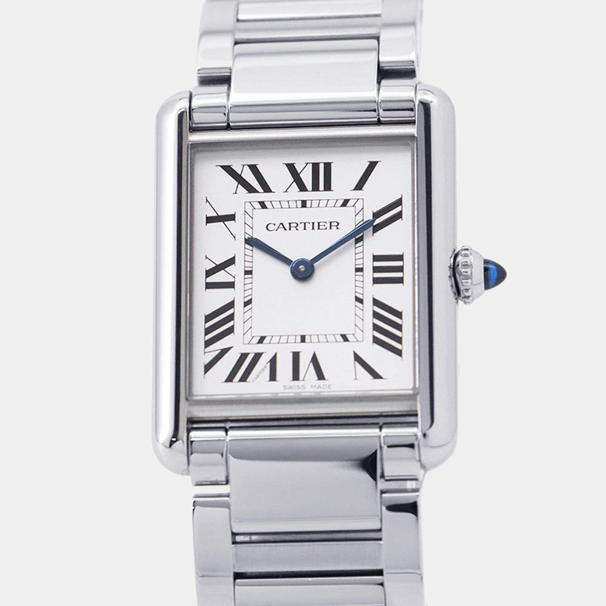 Pre Owned Cartier Tank WSTA0052 White Stainless Silver Quartz Men Wristwatch 25mm