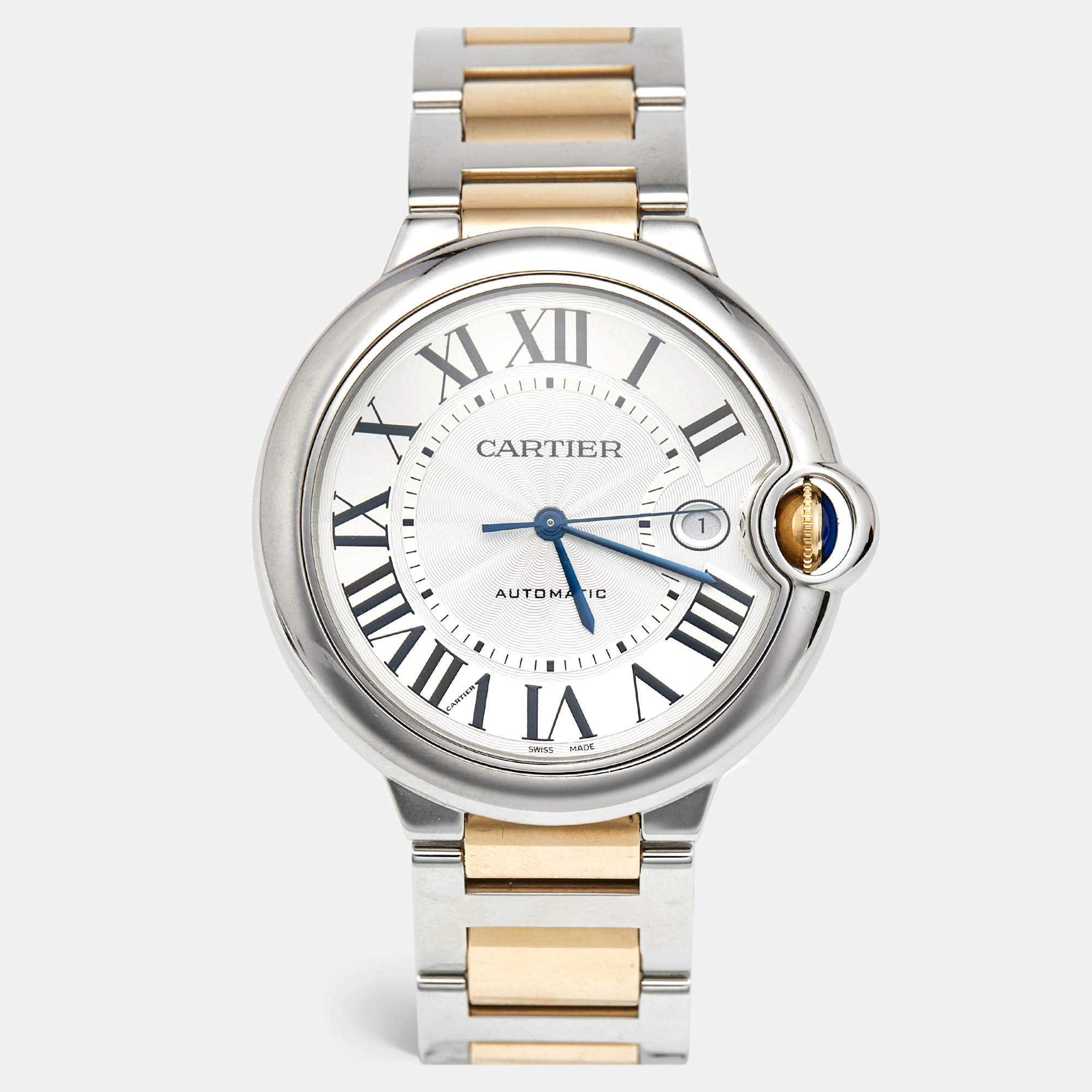 Pre Owned Cartier Silver 18K Yellow Gold Stainless Steel Ballon Bleu W2BB0022 Men's Wristwatch 42 mm