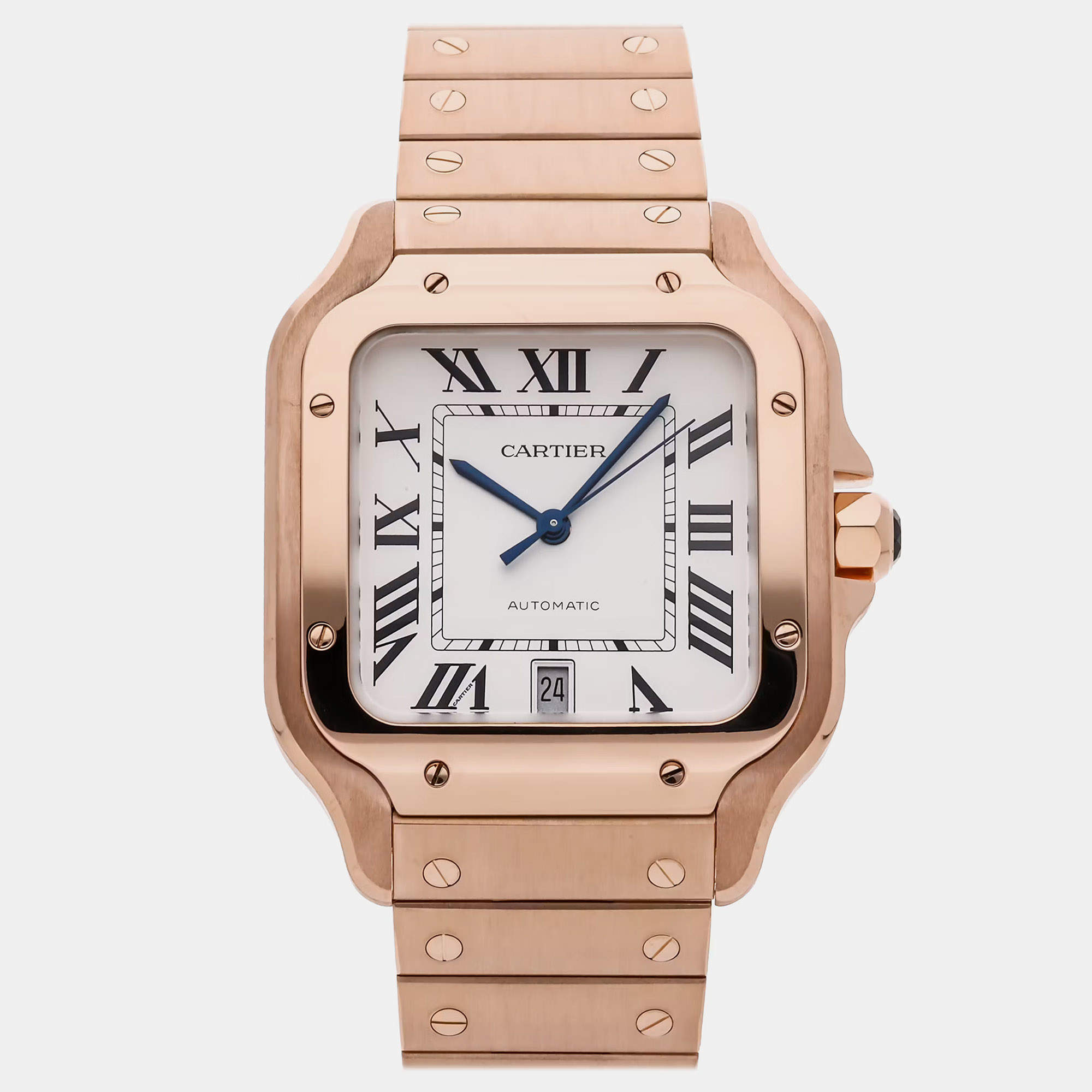 Pre Owned Cartier Santos WGSA0018 Silver Rose Gold Automatic Men's Wristwatch 39mm