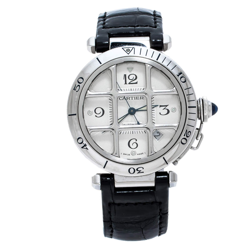 Cartier Silver Stainless Leather Steel Pasha de Cartier 2374 Men's Wristwatch 38 mm