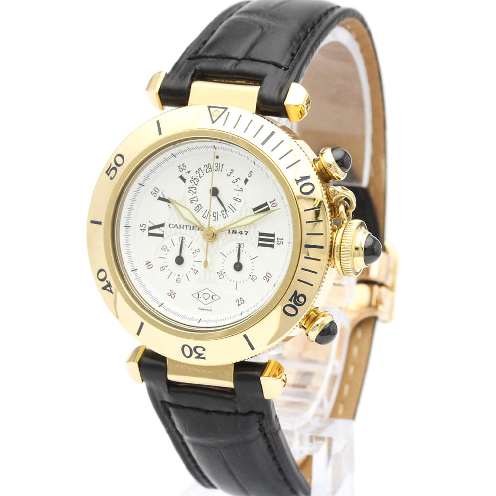 Pre Owned Cartier Silver 18K Yellow Gold Pasha Chrono Quartz Men's Wristwatch 35 MM
