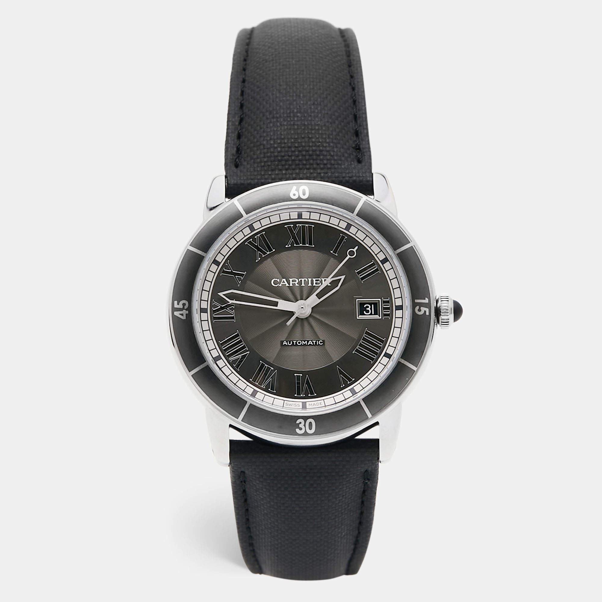Pre Owned Cartier Grey Stainless Steel Leather Ronde Croisiere WSRN0003 Men's Wristwatch 42 mm