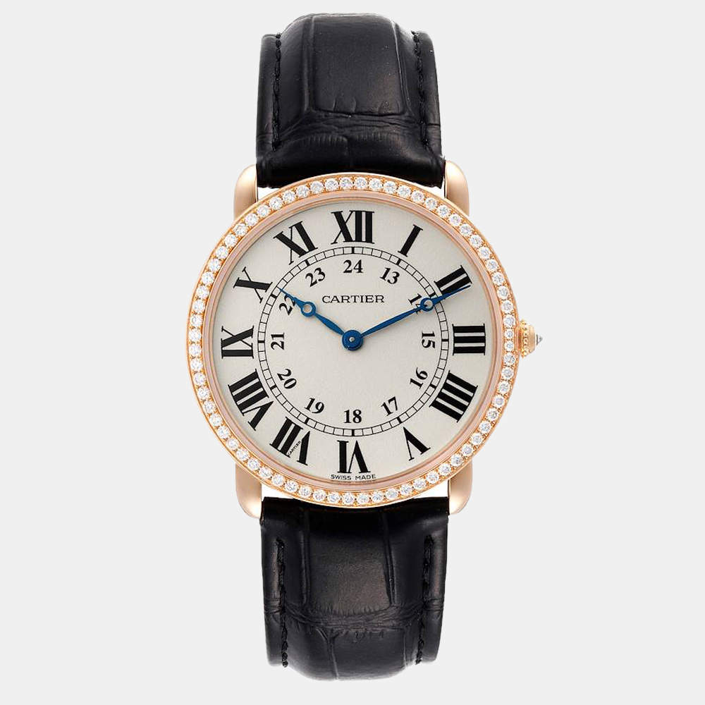 Cartier Silver Diamond 18k Rose Gold Ronde Louis WR000651 Manual Winding Men's Wristwatch 36 mm