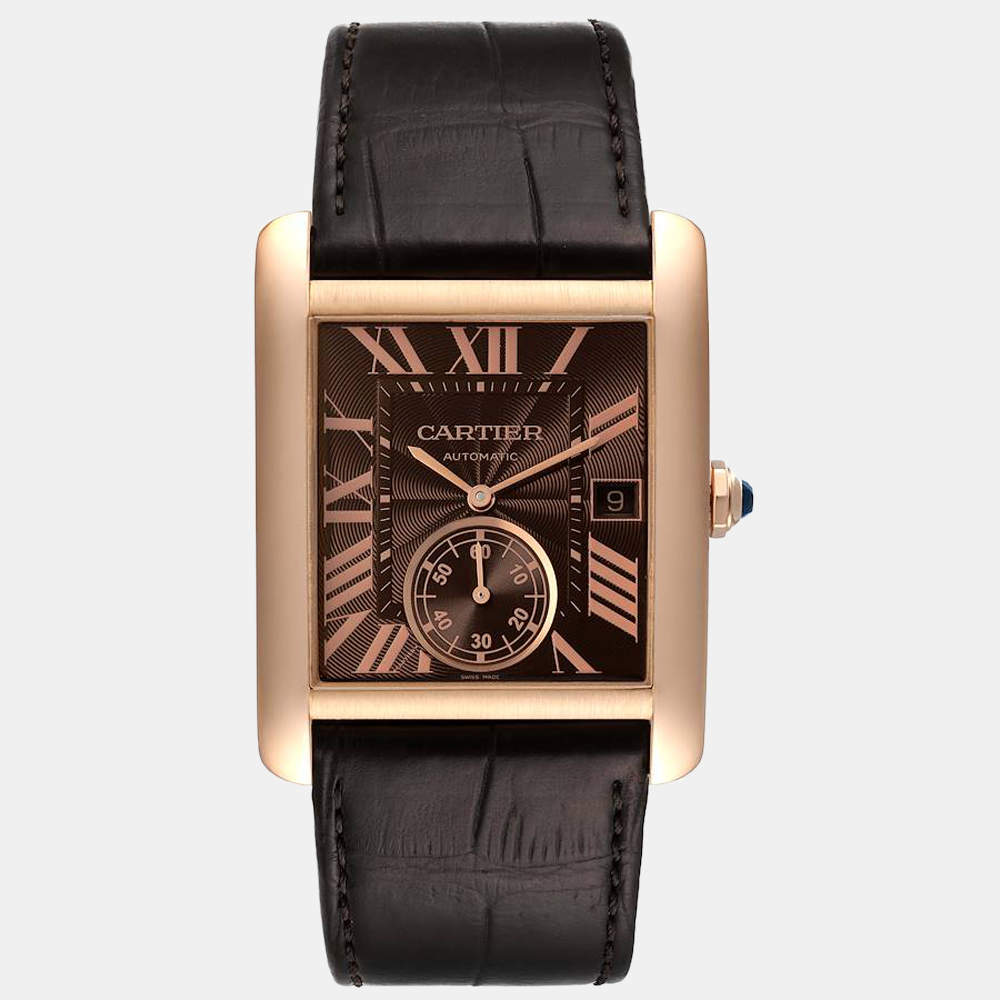 Cartier Brown 18k Rose Gold Tank MC W5330002 Automatic Men's Wristwatch 34 mm