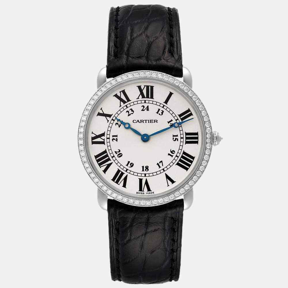 Cartier Silver Diamond 18k White Gold Ronde Louis WR000551 Manual Winding Men's Wristwatch 36 mm