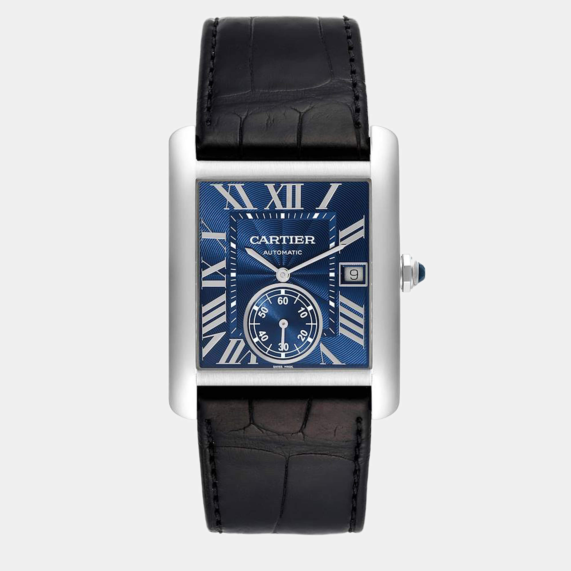 Cartier Blue Stainless Steel Tank MC WSTA0010 Automatic Men's Wristwatch 34 mm
