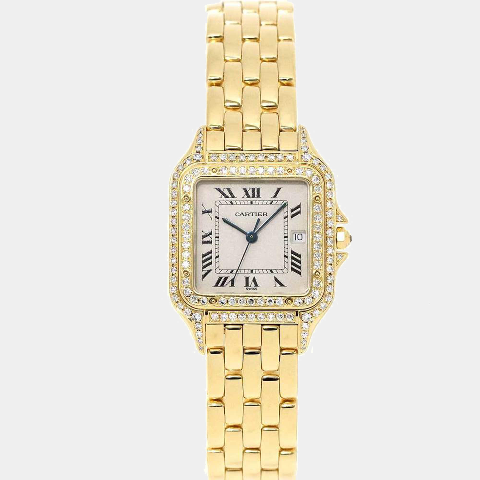 Pre Owned Cartier Silver Diamonds 18K Yellow Gold Panthere Women's Wristwatch 30 mm