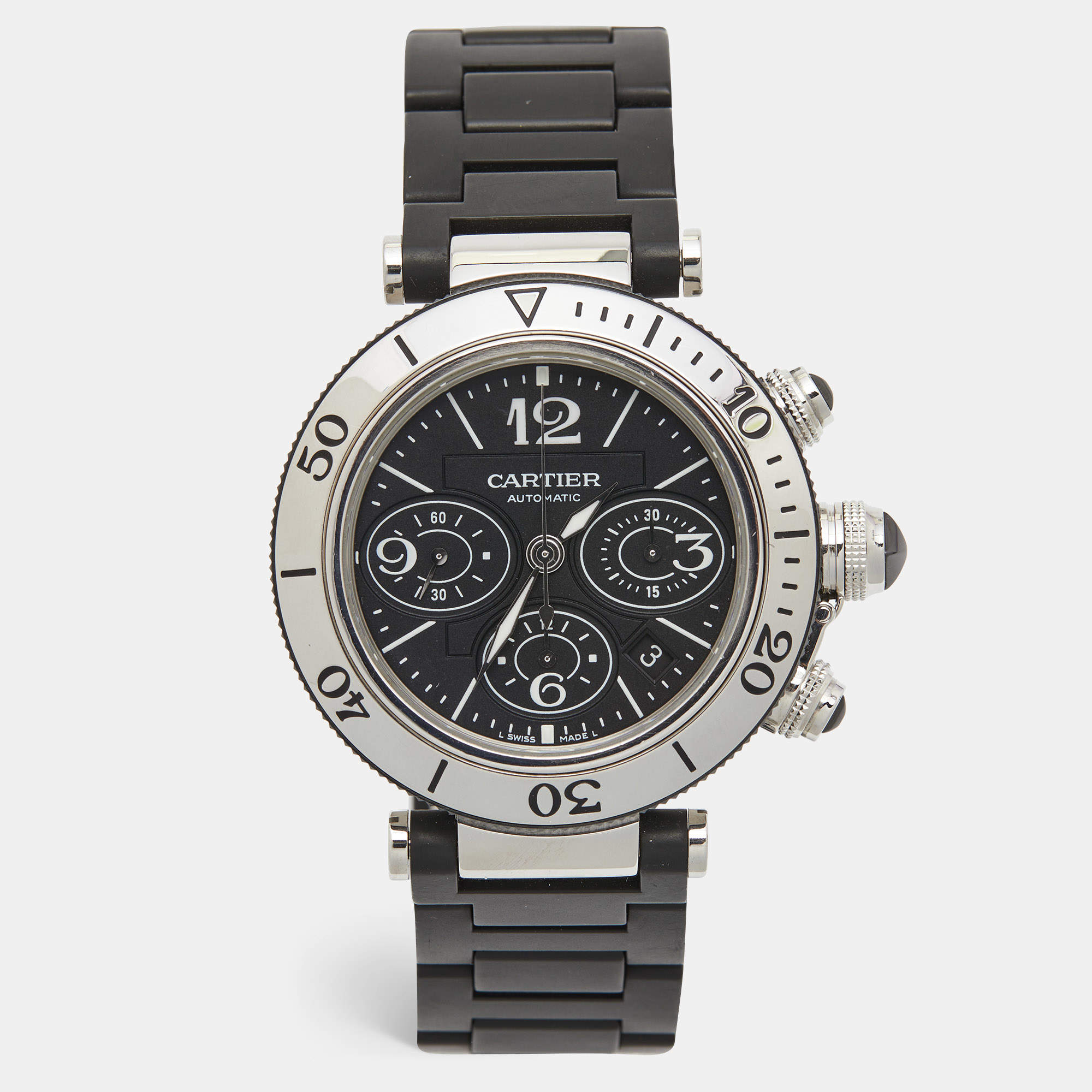 Pre Owned Cartier Black Stainless Steel Rubber Pasha Seatimer W31088U2 Men's Wristwatch 42 mm