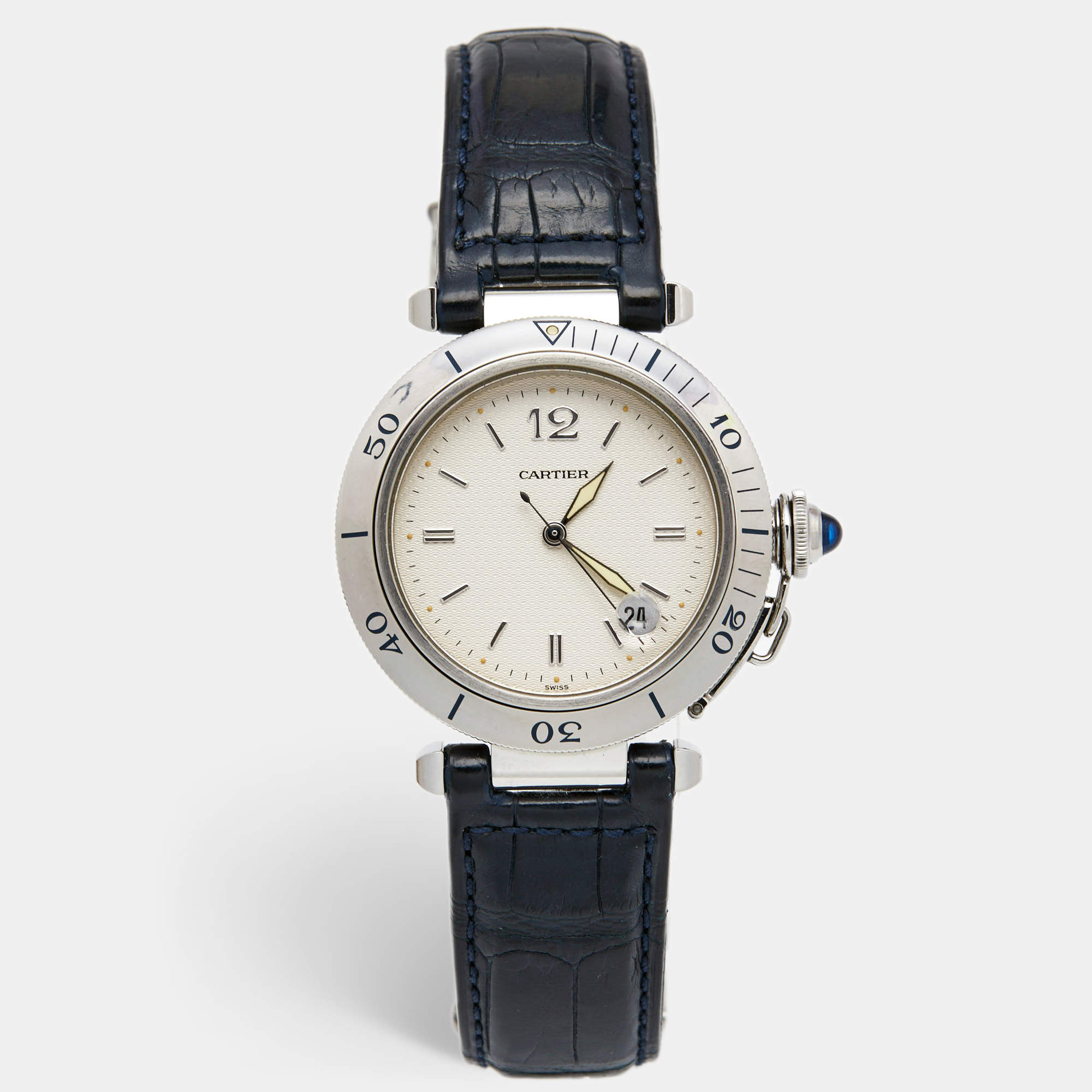 Pre Owned Cartier Cream Stainless Steel Leather Pasha de Cartier 1040 Automatic Men's Wristwatch 38 mm