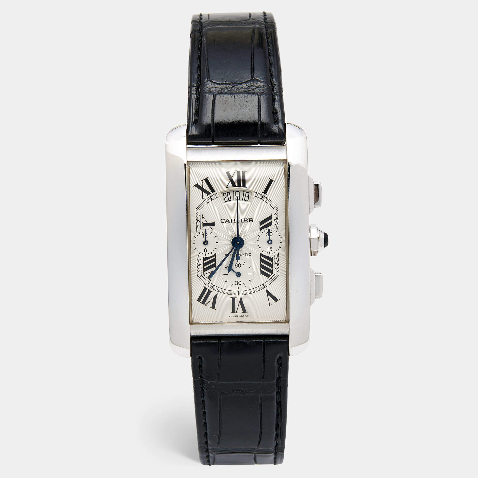 Pre Owned Cartier Silver 18k White Gold Alligator Tank Americaine W2609456 Men's Wristwatch 31.5 mm