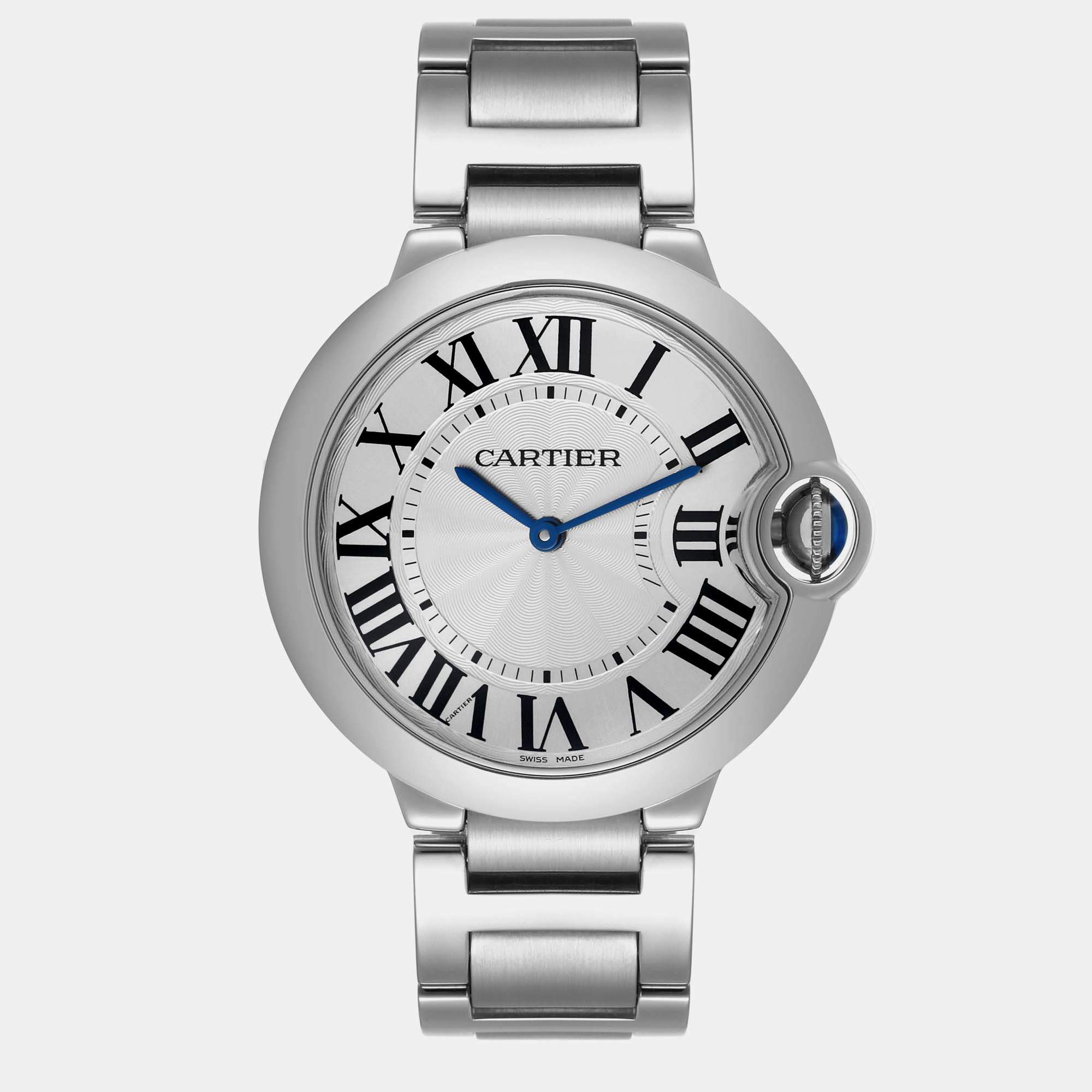 Cartier Ballon Bleu 36mm Silver Guilloche Dial Steel Men's Watch W69011Z4 36 mm