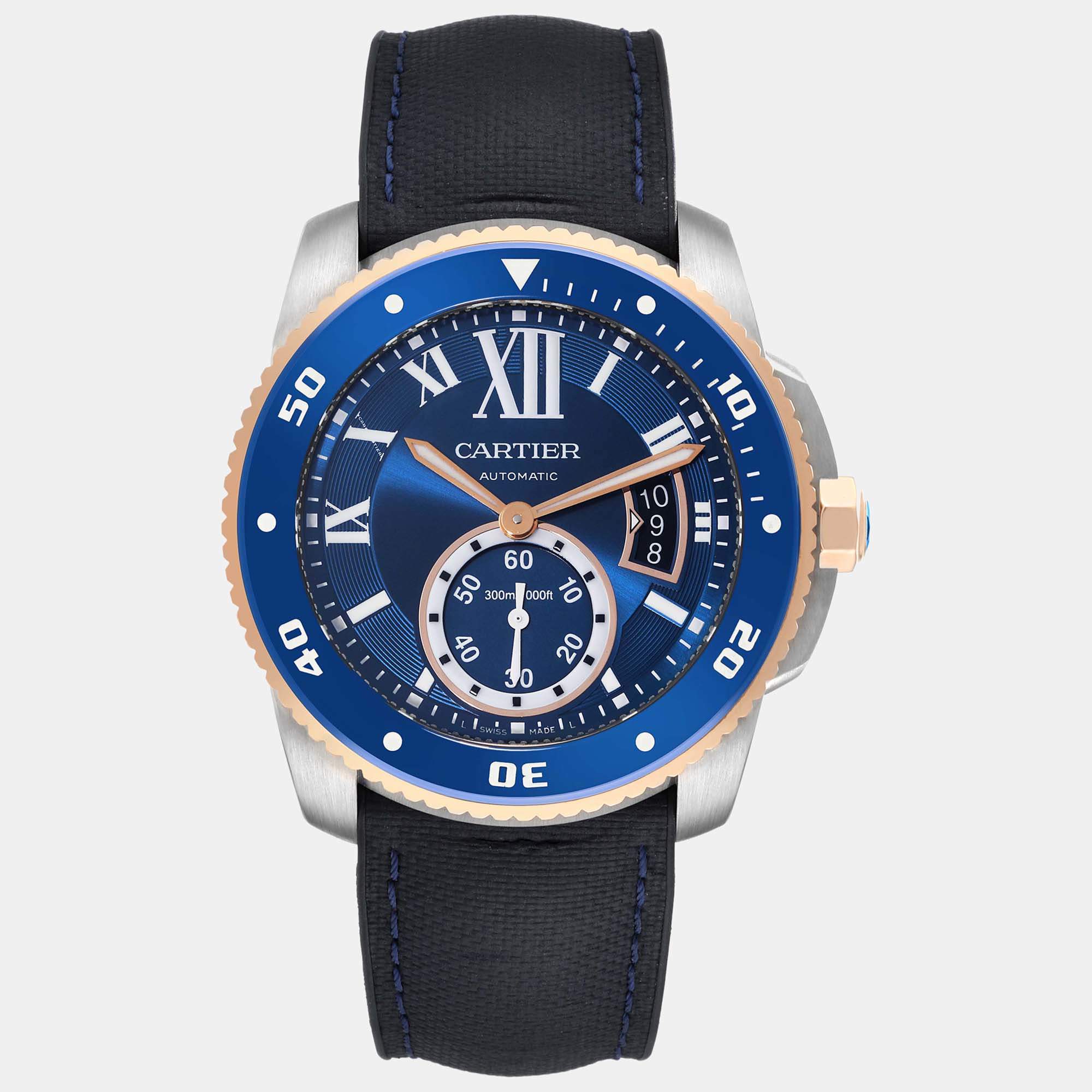 Cartier Calibre Diver Steel Rose Gold Blue Dial Mens Watch W2CA0008 42 mm