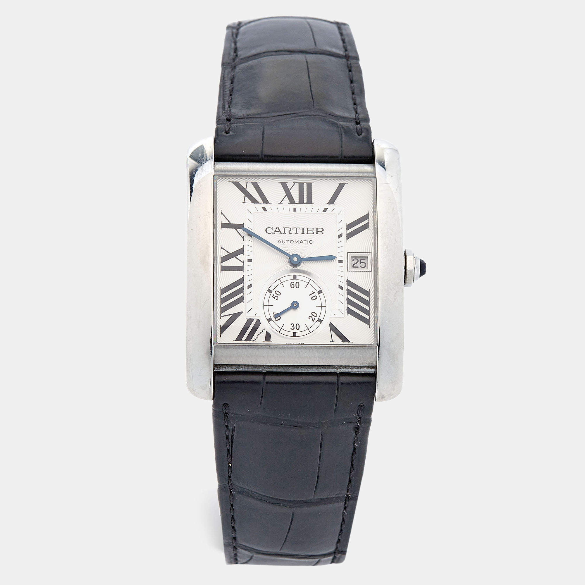 Pre Owned Cartier Silver Stainless Steel Alligator Tank MC W5330003 Men's Wristwatch 35 mm