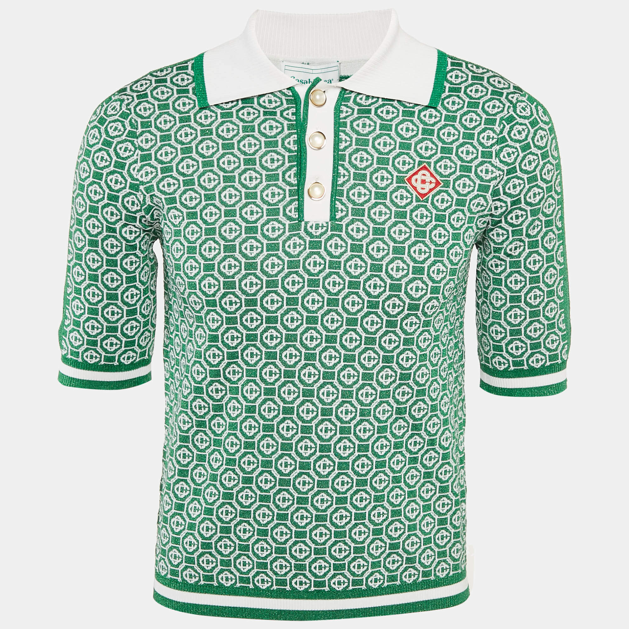 Pre Owned Casablanca Green Logo Lurex Jacquard Polo T-Shirt S