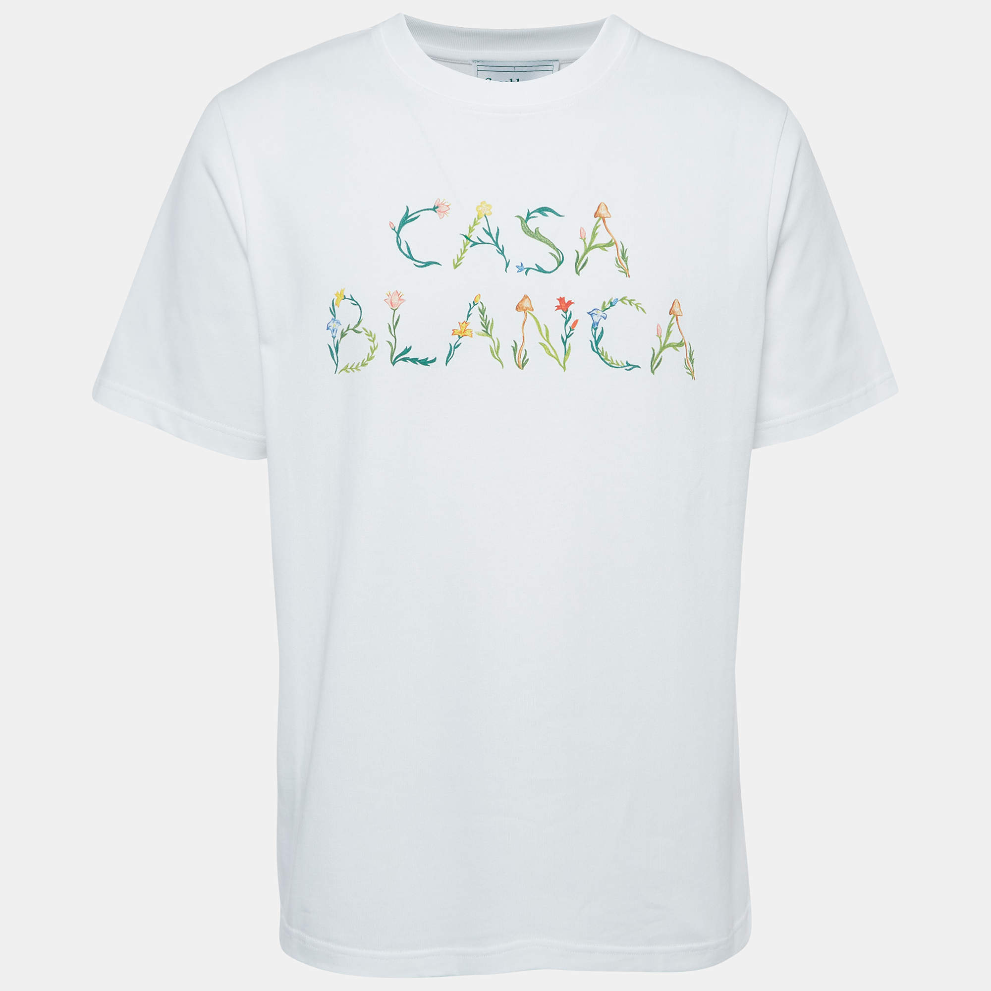 Pre Owned Casablanca White Floral Logo Print Cotton T-Shirt L
