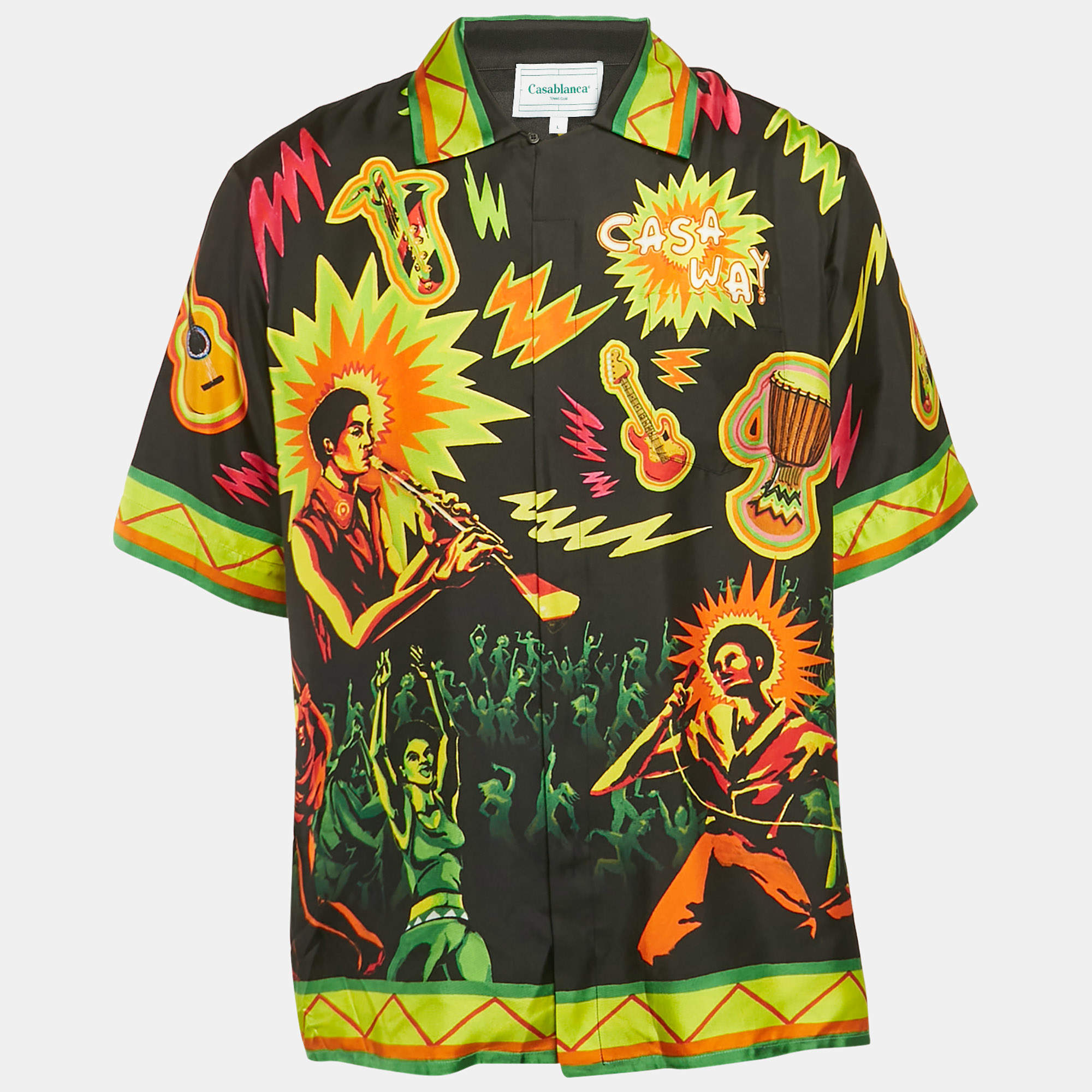 Pre Owned Casablanca Black Multi Printed Silk Bowling Shirt L