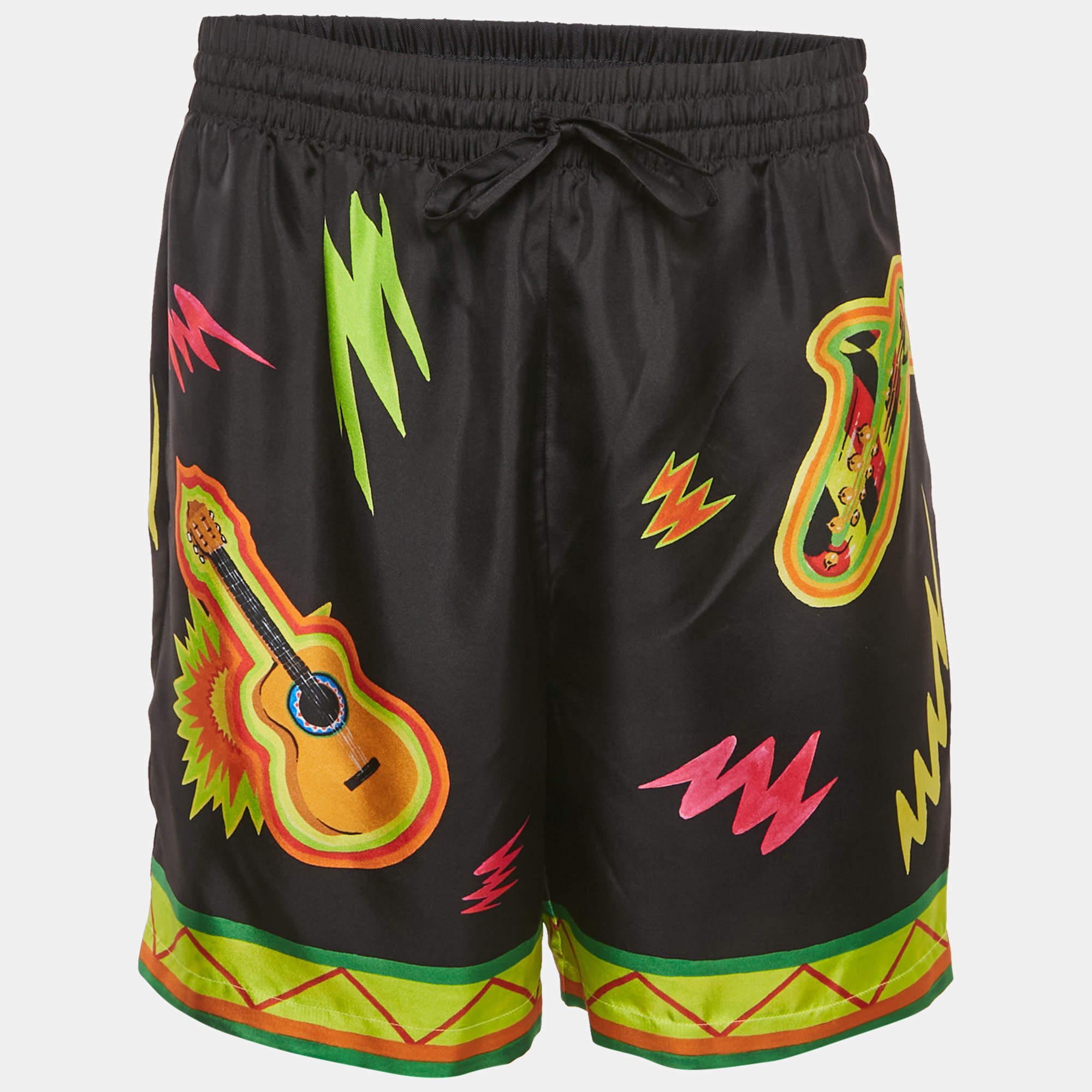 Pre Owned Casablanca Tennis Club Black Printed Silk Elastic Waist Shorts L