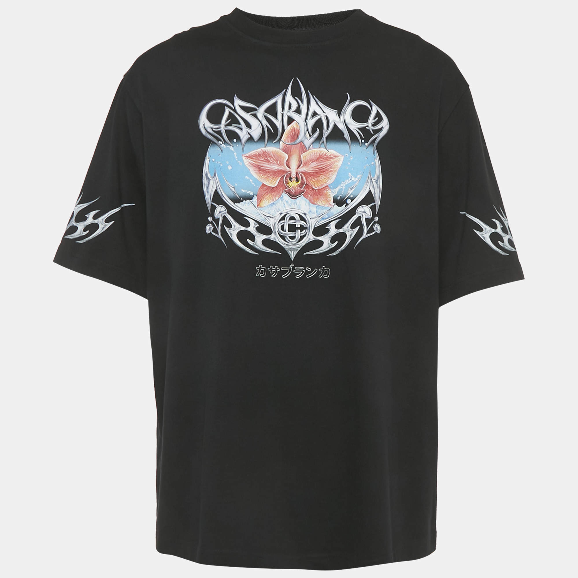 Pre Owned Casablanca Black Printed Jersey Crewneck T-Shirt XXL