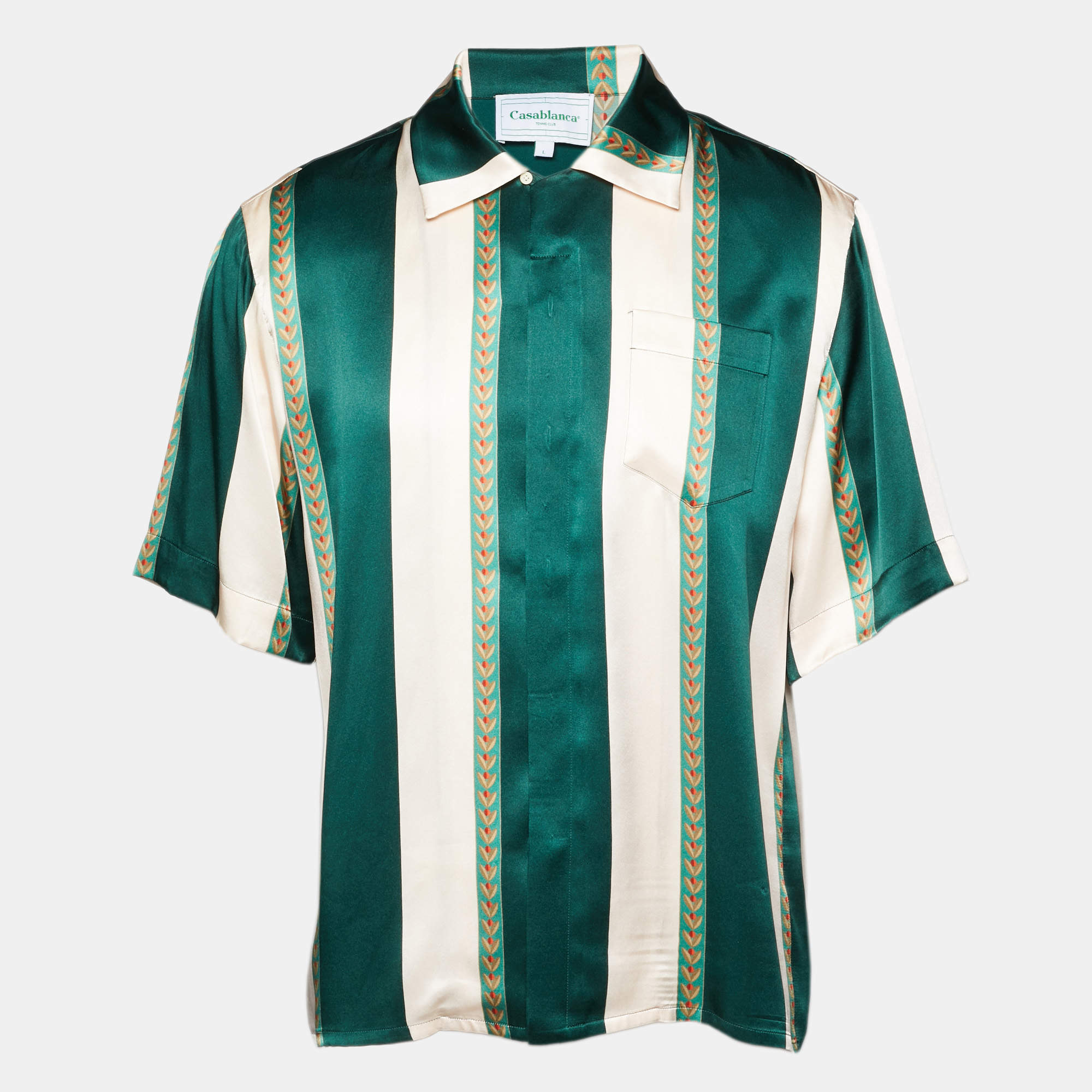 مملوكة مسبقًا Casablanca Green/Light Pink Laurel Stripe Silk Short Sleeve Shirt L