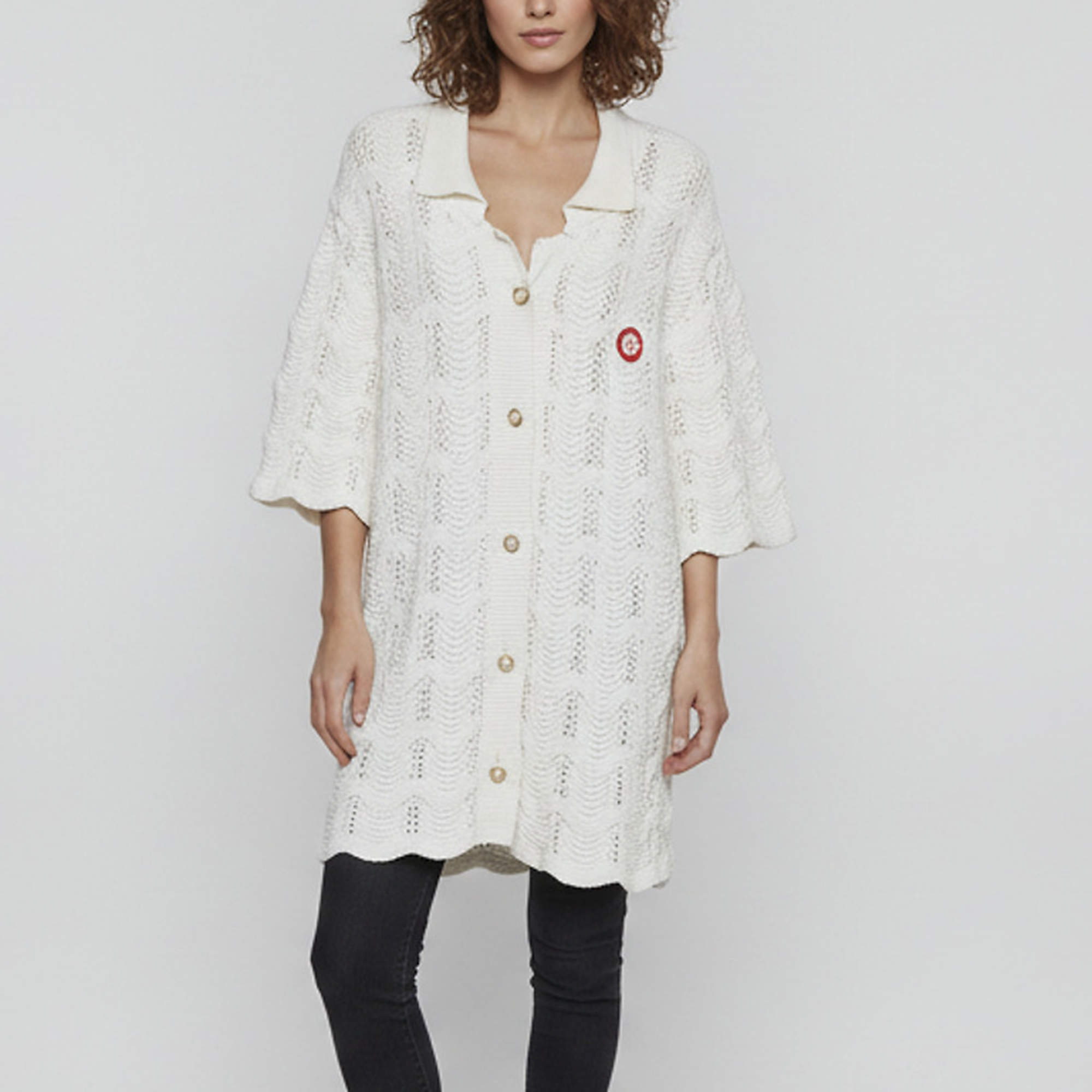 Pre Owned Casablanca Off White Wavy Crochet Knit Button Front Shirt L