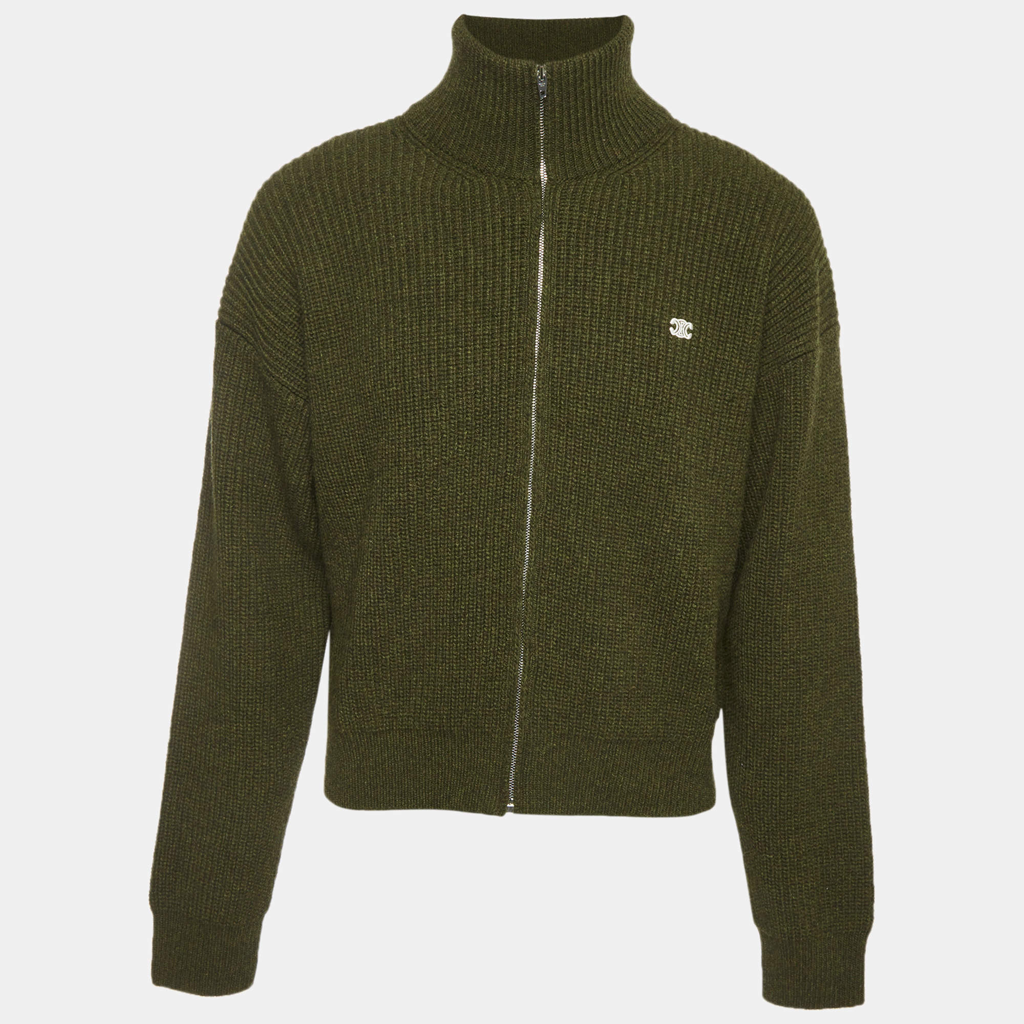 Pre Owned Celine Green Rib Knit Triomphe Trucker Sweater L