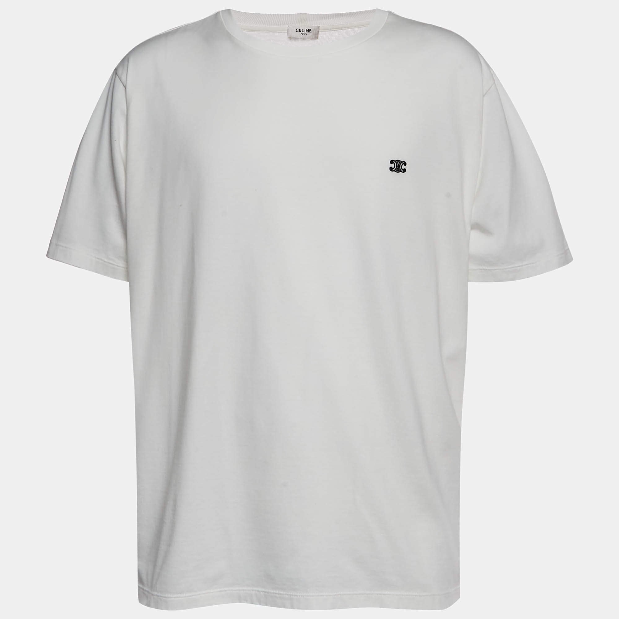 Pre Owned Celine White Jersey Triomphe Loose T-Shirt L