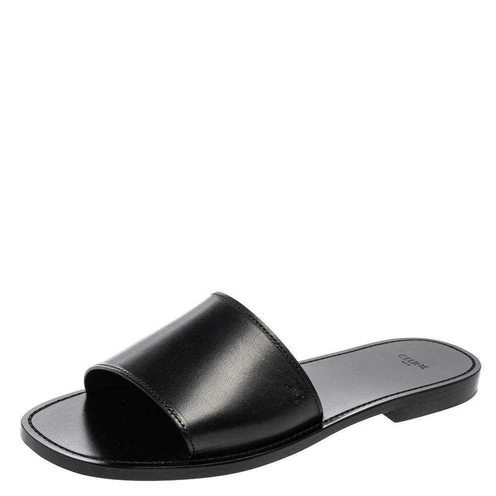 Celine Black Leather Flat Slides Size 44
