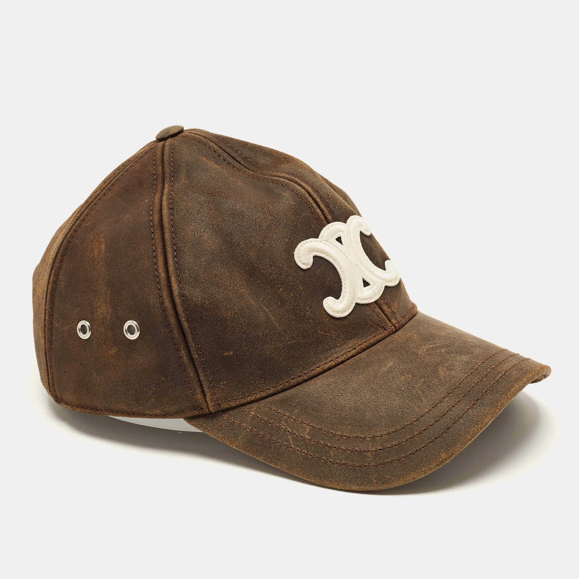 Pre Owned Celine Brown Logo Embroidered Suede Triomphe Baseball Cap M