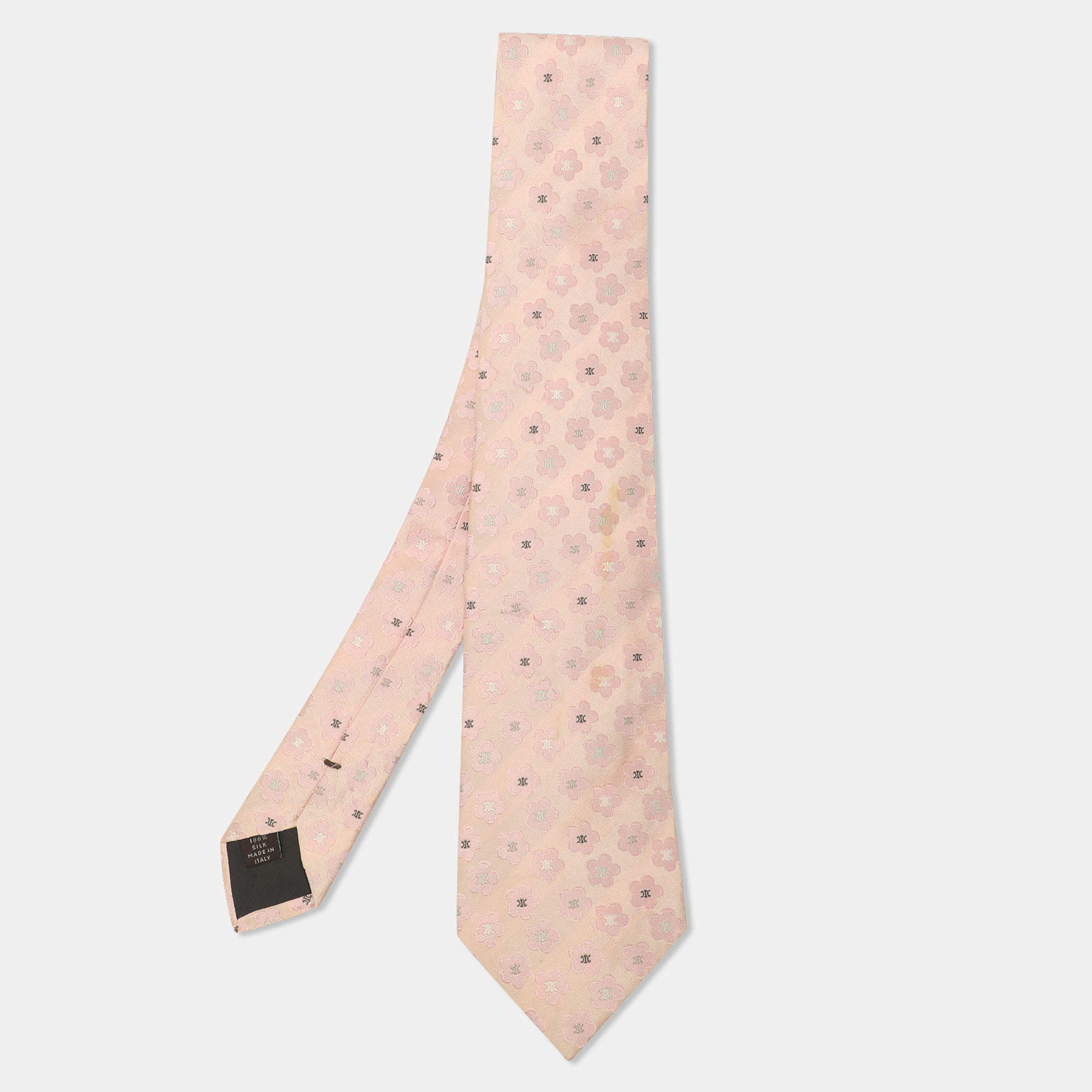 Pre Owned Celine Pink Floral Triomphe Jacquard Silk Neck Tie