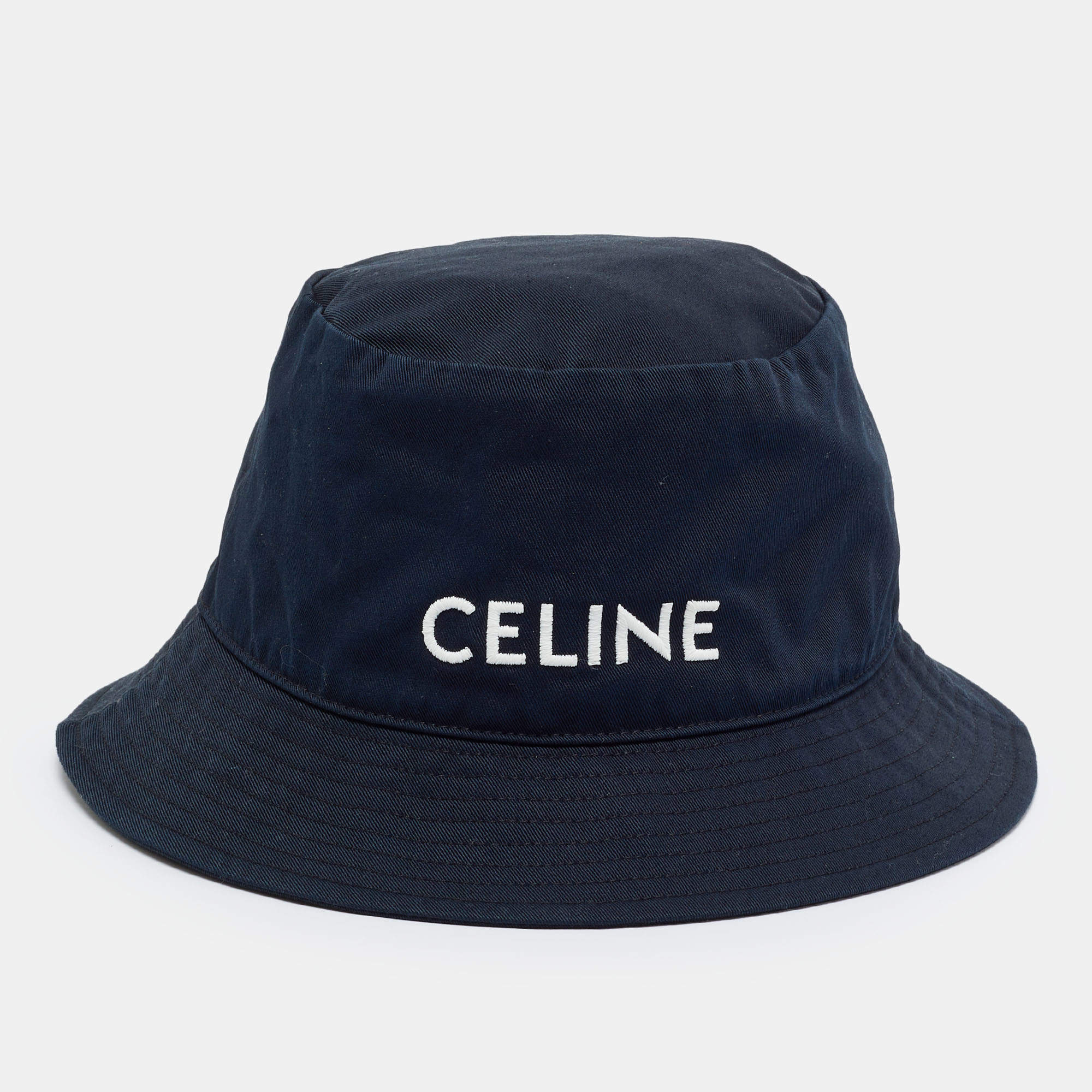 Pre Owned Celine Navy Blue Cotton Embroidered Bucket Hat M