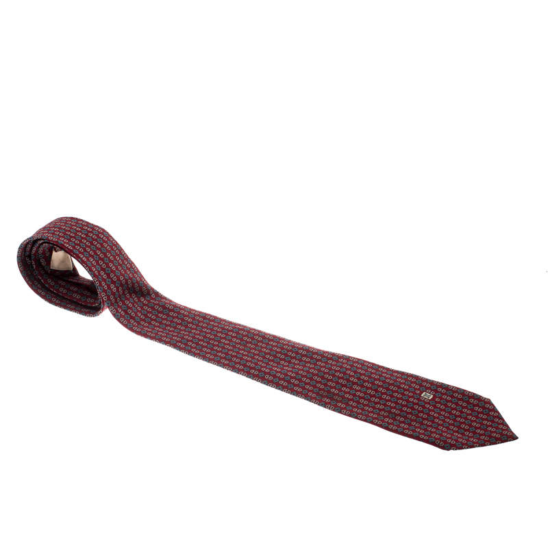 Celine Burgundy Geometric Logo Print Silk Tie 