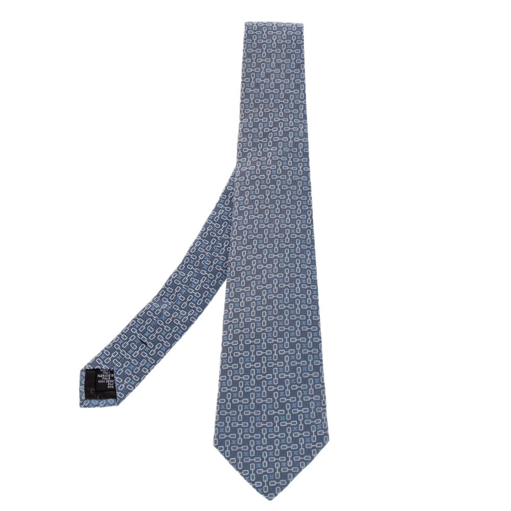 Pre Owned Celine Blue Geometric Logo Jacquard Silk Tie