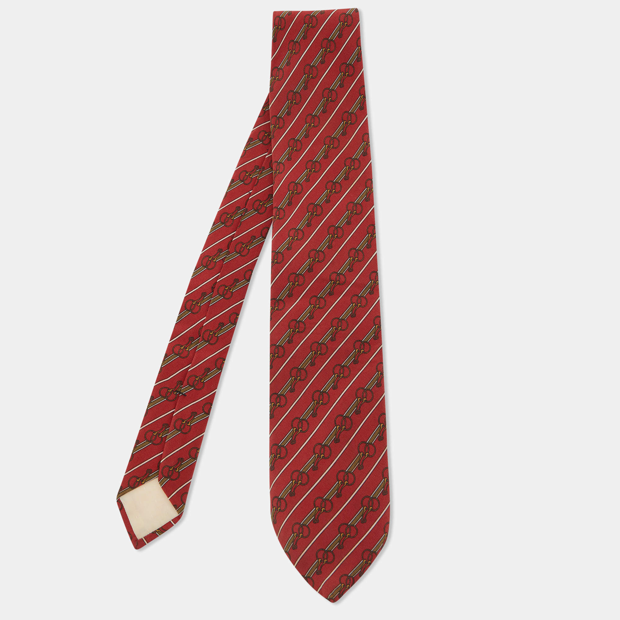 Celine Vintage Red Diagonal Striped Printed Silk Tie 