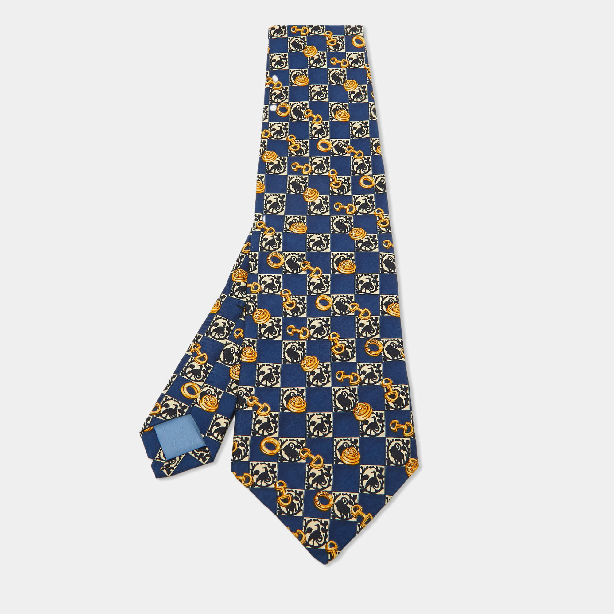 Celine Vintage Navy Blue Print Silk Traditional Tie