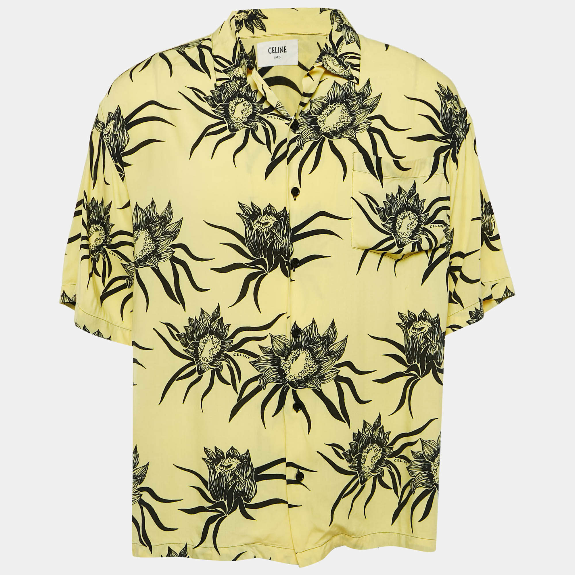 Pre Owned Celine Yellow/Black Sunflower Print Crepe Loose Fit Shirt S